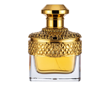 Elegant golden perfume bottle with ornate cap and textured collar, cut out transparen