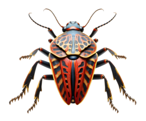 Top view of a colorful stink bug with intricate patterns on its shell, isolated on transparent background