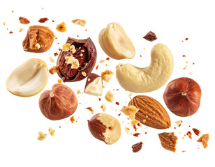 Set of various crushed dried nuts close-up in the air on a white background