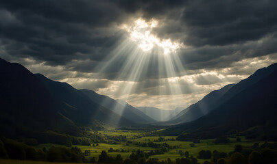 Dramatic sunbeams pierce dark clouds, lighting a green mountain valley at dawn, evoking faith, hope, worship, and divine presence.