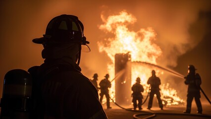 Firefighters battling a raging inferno at night, silhouetted against the intense flames and smoke, showcasing bravery and dedication in emergency response