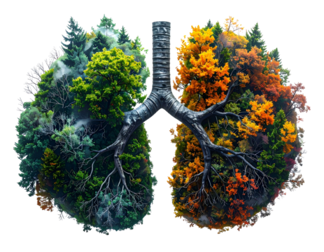 Abstract Lungs with Contrasting Ecosystems- Healthy Forest vs. Polluted or Dying Tree  