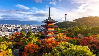 Panoramic autumn view of a Japanese city with a pagoda
