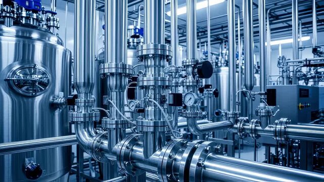 Stainless steel pipelines connecting monoclonal antibody bioreactors to downstream purification units in a biomanufacturing plant.
