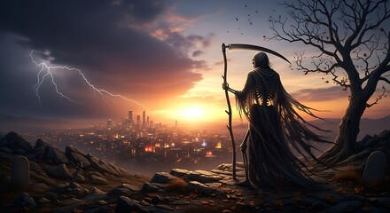 Grim Reaper Sunset Cityscape.