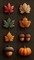 Fototapeta premium Colorful autumn leaves, acorns, and a pumpkin arranged artistically on a wooden background
