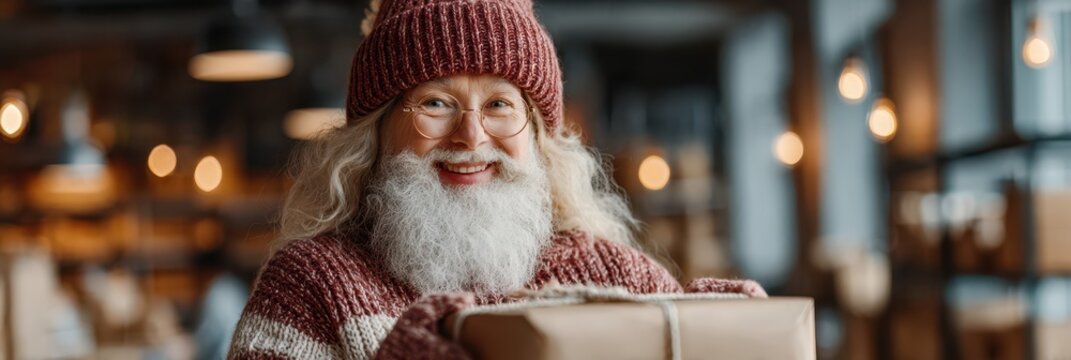 Joyful man in winter attire holding a gift box in a cozy indoor setting during the holiday season
