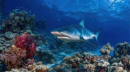 Shark Swimming Gracefully Over Vibrant Coral Reef Underwater Scene