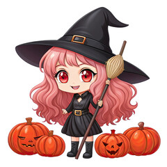 Cute chibi witch girl with pink hair and broomstick surrounded by halloween pumpkins isolated on transparent background