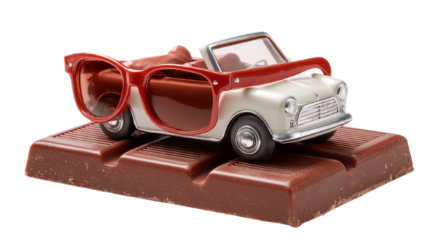 Chocolate Mini Car with Sunglasses A miniature car perched atop a chocolate bar, sporting stylish sunglasses, a sweet ride
