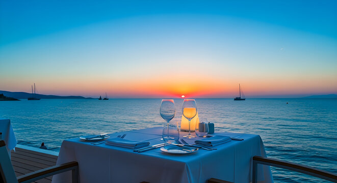 Romantic dinner by the sea at sunset - Powered by Adobe