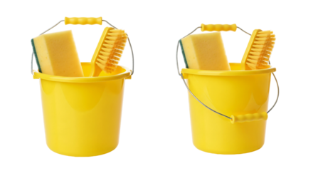 Two Yellow Buckets with Cleaning Supplies on White.