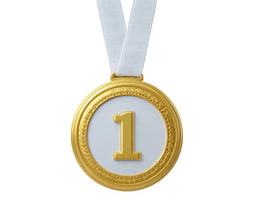 A golden medal with a white ribbon and the number 1 in gold, isolated on a transparent background