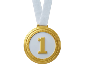 A golden medal with a white ribbon and the number 1 in gold, isolated on a transparent background