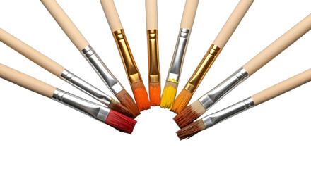 Fototapeta premium Colorful artist paintbrushes fanned out, tips dipped in vibrant paint, isolated on white & transparent background. Perfect for art class promotion, DIY project guides, creative workshop ads,