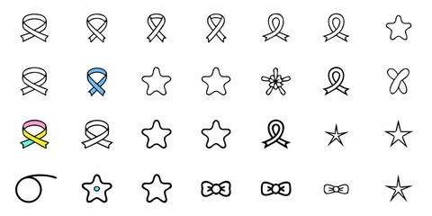 Fototapeta premium Illustration of various ribbons stars bowties and other shapes arranged in a grid pattern on a white background