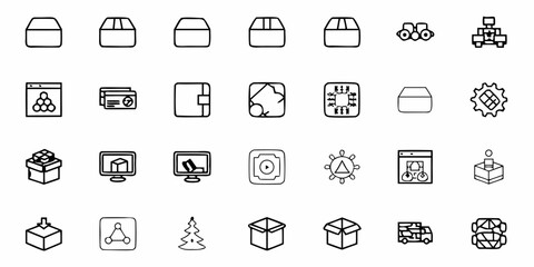 Fototapeta premium Line art icons depicting boxes, technology, finance, and networking concepts in a structured arrangement