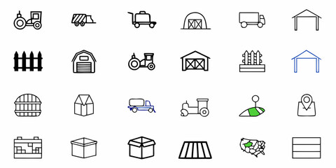 Depiction of various agricultural elements including tractors barns and transport vehicles in line art