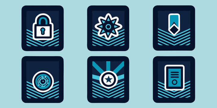 Illustration of six dark blue cards with white and light blue symbols arranged in two rows of three