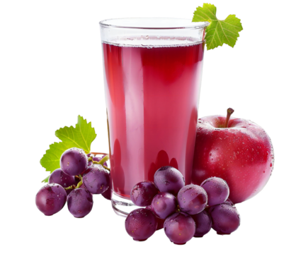 A tall glass of vibrant red grape and apple juice, garnished with a green leaf, surrounded by fresh purple grapes and a ripe red apple, isolated on a transparent background