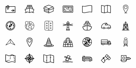 Fototapeta premium Illustration of navigation and logistics icons including maps ships and transportation vehicles in black outline