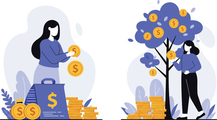 a woman saving money and another growing coins on tree