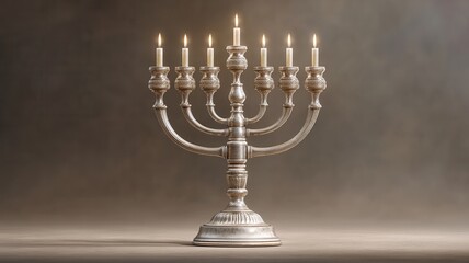 Fototapeta premium Silver menorah with nine burning candles celebrating the jewish holiday of hanukkah, a symbol of faith tradition