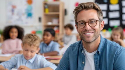 Male educator wearing glasses, sitting with diverse elementary sharing students, warm smile