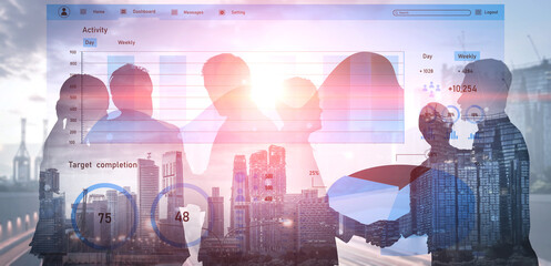 This image showcases silhouettes of professionals interacting with digital data interfaces amidst a vibrant cityscape, highlighting analysis and collaboration. Impute