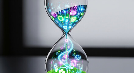 Digital Sands of Time: A Futuristic Hourglass with Glowing Data Streams