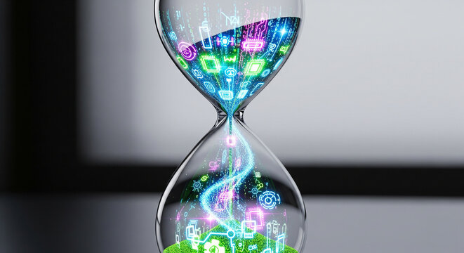 Digital Sands of Time: A Futuristic Hourglass with Glowing Data Streams