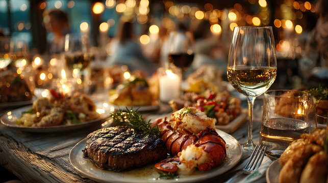 Empty wine glasses and a gourmet meal are set on a rstaurant table, creating asophisticated and invitingdining atmosphere, while i the background, people enoy their meals and converstions