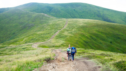 Fototapeta premium Two woman with large backpacks walking along a mountain trail, hiking and trekking, travel, outdoor recreation