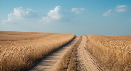Fototapeta premium Spokojna podróż przez złote pola pod pogodnym niebem z chmurami.