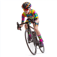 Obraz premium Young cyclist in vibrant sportswear riding a bicycle