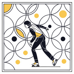 Obraz premium Stylized Figure Roller Skating With Geometric Background