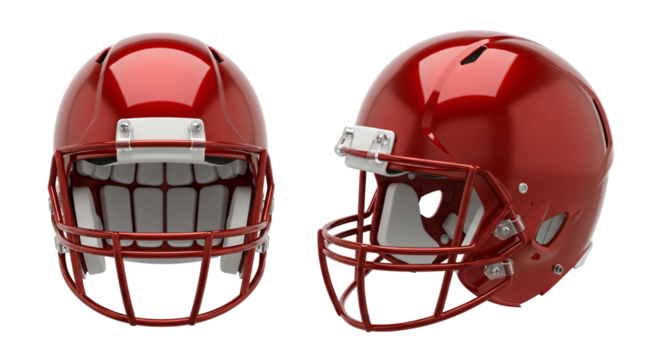 Two Shiny Red American Football Helmets Facing Different Directions.