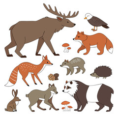 Fototapeta premium Diverse forest animals vector illustration with moose fox hedgehog panda and eagle vector