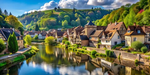 Fototapeta premium Picturesque view of besigheim, germany, with its charming halftimbered houses reflecting in the enz river, surrounded by lush green hills and vineyards under a bright sky