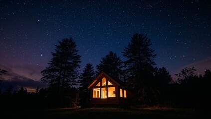 Cabin Under Starry Skies, Illuminated by Warm Light on a Peaceful Night.