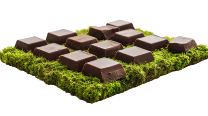 Chocolate Squares on Mossy Bed A Tempting Array of Sweet Treats on Greenery Against a Transparent Backdrop