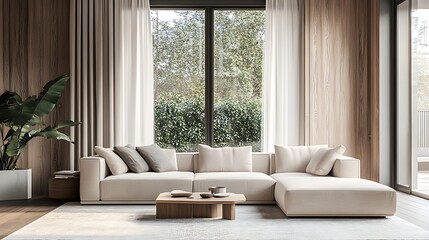 Fototapeta premium Beautiful Apartment, Sofa, Chair, Dining Table wall Mockup Interior design of modern living room