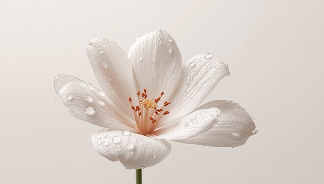 Pale Bloom. A Study in Delicate Textures, Water Droplets, and Neutral Tones.