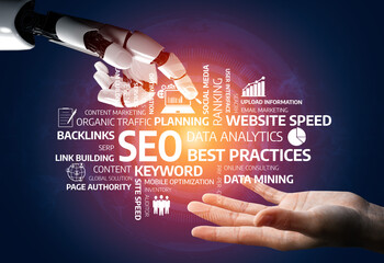 A captivating image showing a robotic finger reaching out to a human hand, symbolizing the synergy...