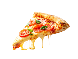 3D Rendered Pizza Slice with Cheese Pull, Isolated PNG  