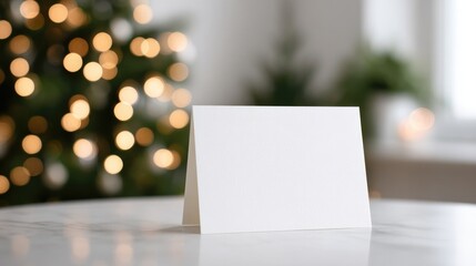 Blank card placed on table with blurred lights in background, co