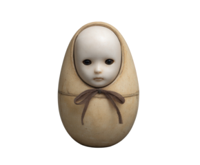 A creepy doll head peeking out of a textured, eggshaped object with a tied bow, isolated on a transparent background