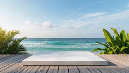Serene Platform. A Minimalist Escape with Oceanic Vista and Verdant Foliage Accents.