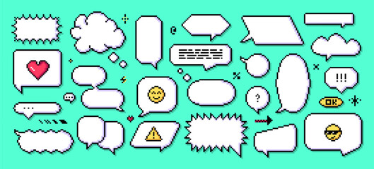 Set of pixel art speech bubbles in retro 8 bit style. Collection of pixelated dialogue boxes, flash message frames, comic shapes, emoji, warning signs, different icons and other creative elements. 