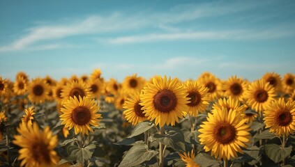 Fototapeta premium Vibrant Sunflower Field, Petals Ablaze Sky Above, a Canvas of Serene Blue.